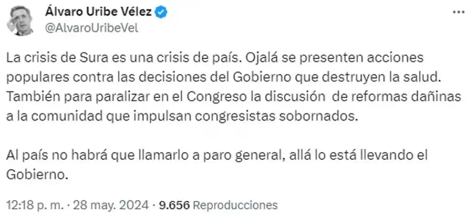 Expresidente Uribe culpa a Petro de destruir la salud con sus “dañinas reformas” Trino del expresidente Álvaro Uribe