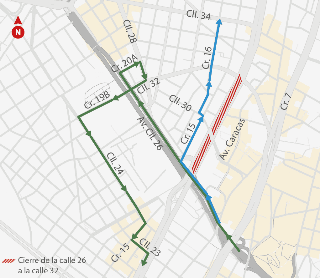 Desvío desde el oriente hacía el norte y sur de la capital por el cierre de la Av. Caracas en calles 26 y 32.