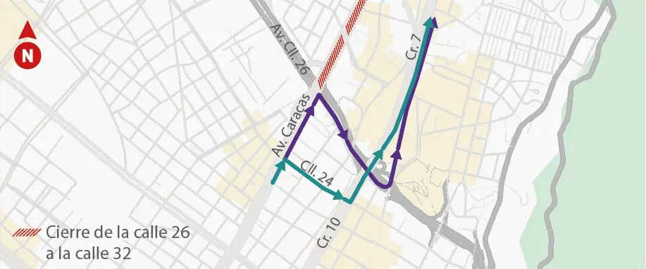 Por obras del metro de Bogotá, habrá un nuevo cierre en la Av. Caracas Desvío de sur a norte.