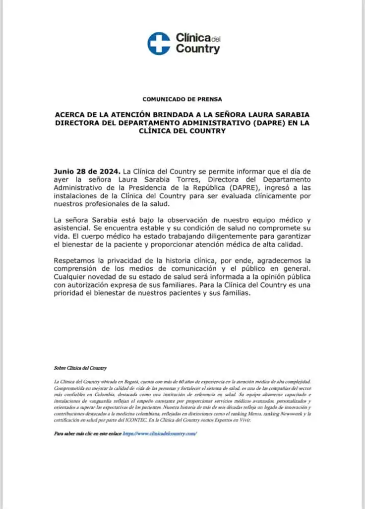 Laura Sarabia, hospitalizada de urgencia: esto se sabe de su salud Clínica Country