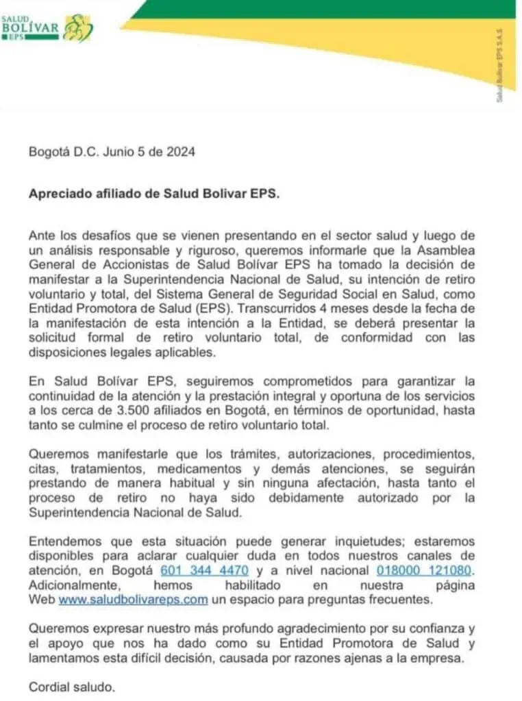 Otra EPS solicita retiro voluntario en Colombia: Salud Bolívar inicia proceso EPS Salud Bolívar pide retiro voluntario.