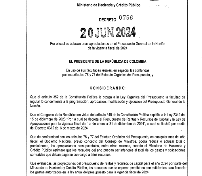 Listo decreto que recorta $20 billones del Presupuesto de Colombia de 2024 Decreto que recorta $20 billones del Presupuesto de Colombia de 2024