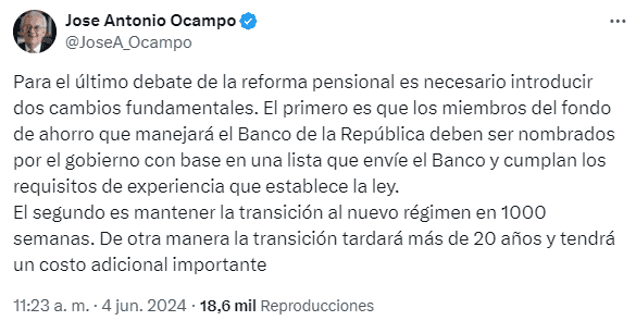 Ocampo sobre cambios de la reforma pensional
