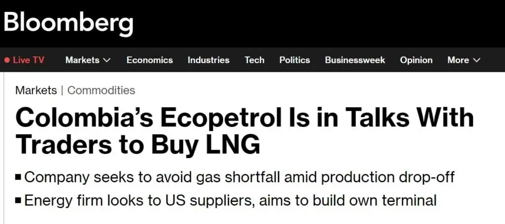 Ecopetrol está negociando compra de gas en Estados Unidos por déficit en Colombia Publicación de Bloomberg