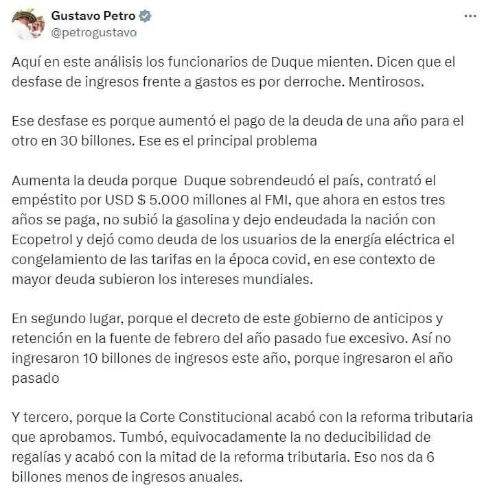 Petro explica por qué el Gobierno está desfasado en ingresos y necesita billonario recorte Trino del presidente Gustavo Petro