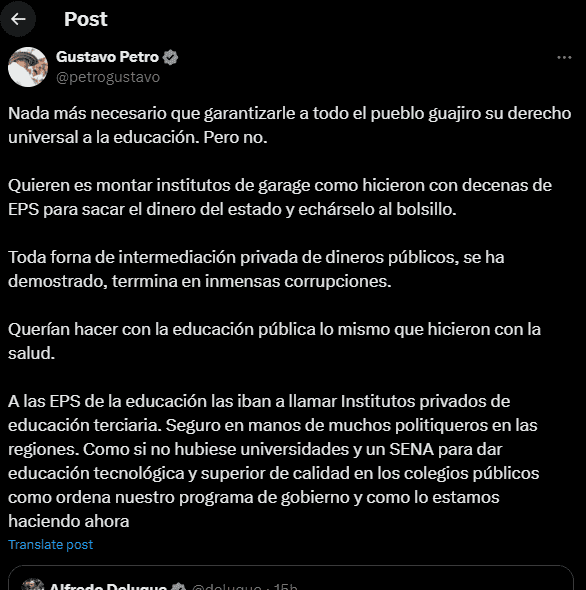 Petro critica hundimiento de la reforma a la educación: “Quieren es montar institutos de garaje” Trino del presidente Gustavo Petro sobre hundimiento de la reforma a la educación