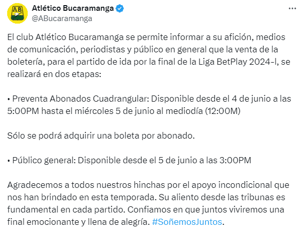 Atlético Bucaramanga sobre las boletas para la final de la Liga Betplay.