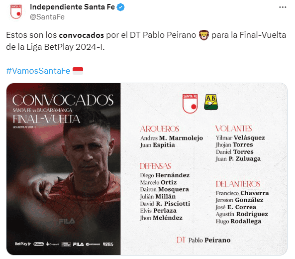 Los jugadores convocados de Santa Fe para la final del fútbol colombiano