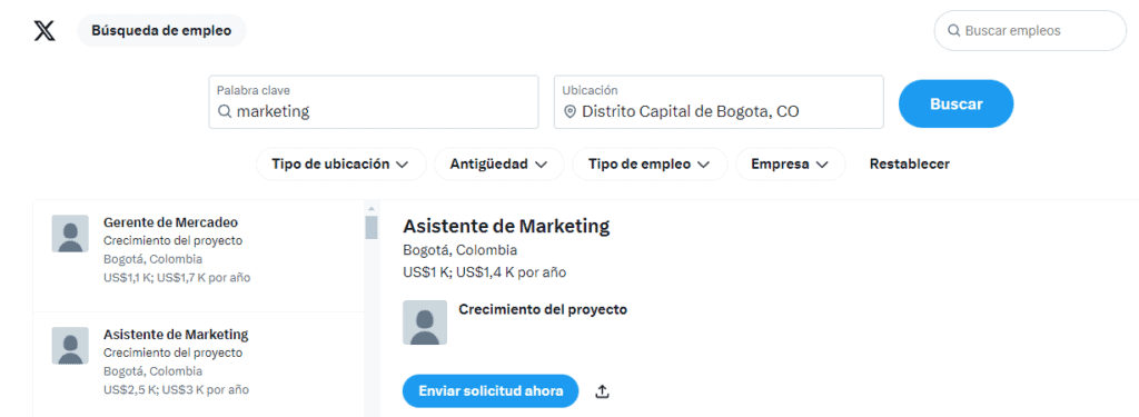 Así luce la plataforma de X para hallar trabajo. 