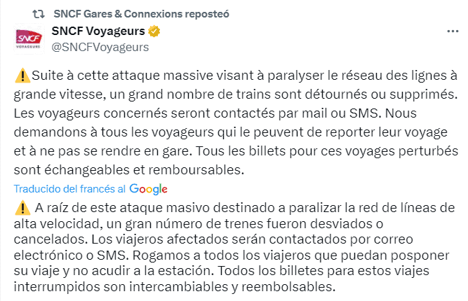 'Sabotaje' ferroviario sumerge a Francia en el caos en medio de Juegos Olímpicos Afectación en los trenes de alta velocidad de París.