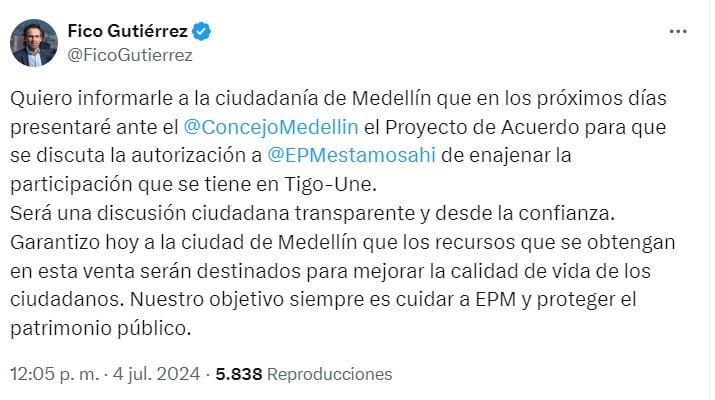 Anuncio del alcalde de Medellín sobre Tigo