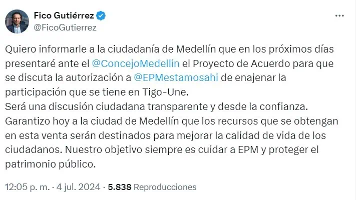Alcalde de Medellín presentará proyecto para vender participación de EPM en Tigo – Une Anuncio del alcalde de Medellín sobre Tigo
