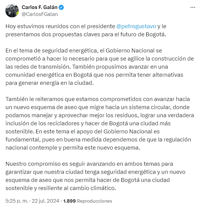 Transición energética y basuras: entre los puntos de conversación entre Petro y Galán Carlos Fernando Galán sobre reunión con presidente Gustavo Petro