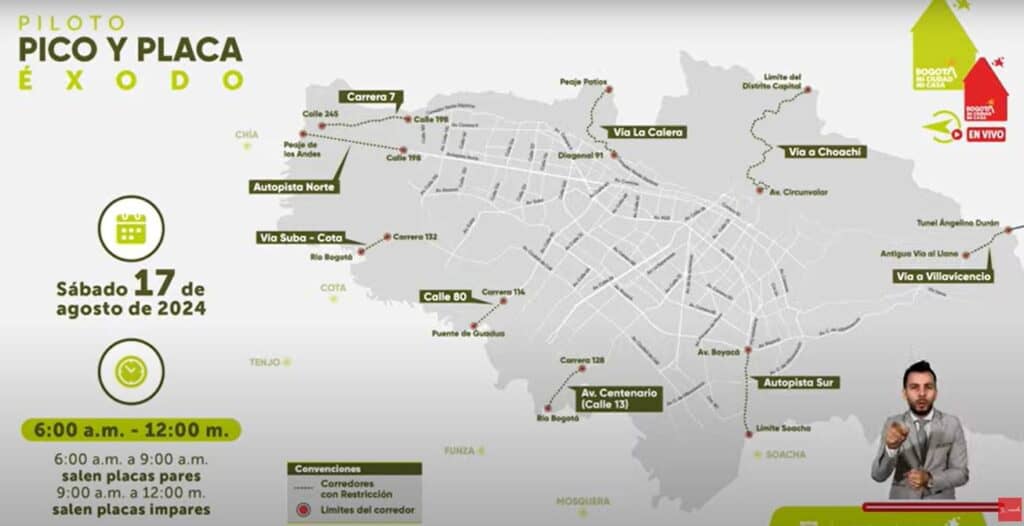 Corredores viales del pico y placa de Bogotá en puentes festivos