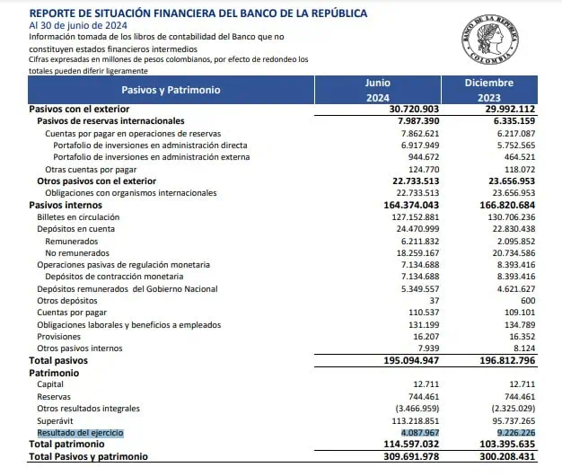 Fuerte aumento mensual de ganancias del Banco de la República a junio del 2024 Ganancias del Banco de la República. Foto: BanRep.
