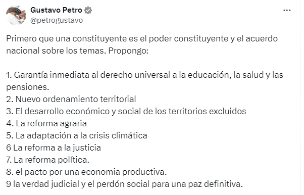 Petro reveló los nueve puntos que tendría la Constituyente en Colombia