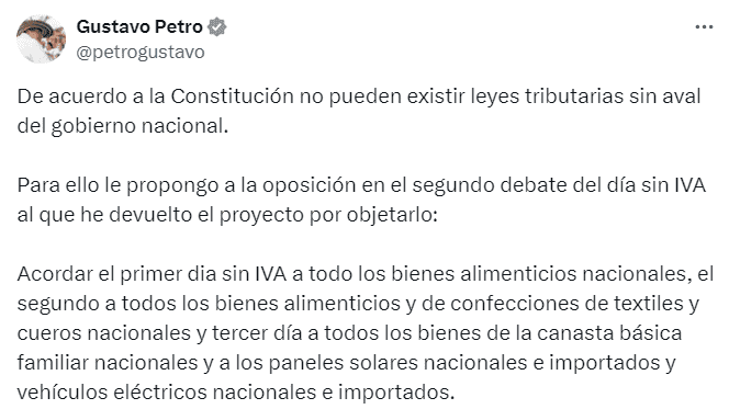 Presidente Gustavo Petro sobre los días sin IVA