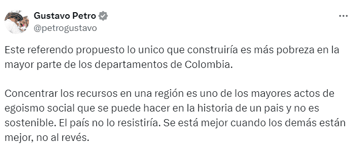 Presidente Petro sobre referendo promovido en Antioquia