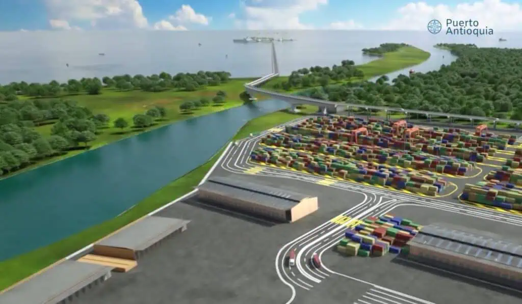 Puerto Antioquia ya tiene fecha oficial de entrada en operación: megaproyecto reducirá tiempos logísticos Render de construcción de Puerto Antioquia