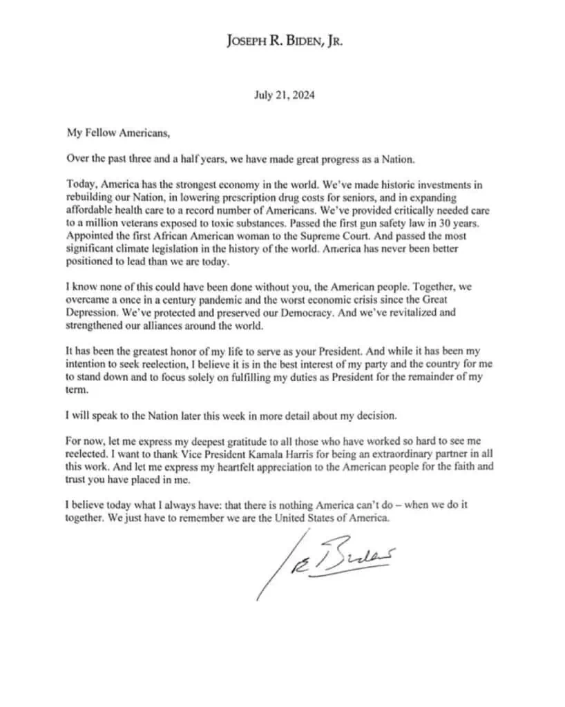 Atención | Joe Biden se retira de la carrera a la Presidencia de Estados Unidos Carta de la renuncia de Joe Biden
