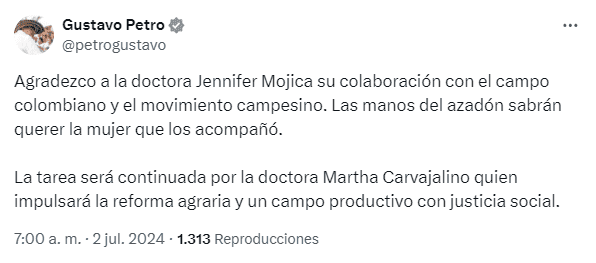 Post del presidente Gustavo Petro sobre la salida de la ministra de Agricultura
