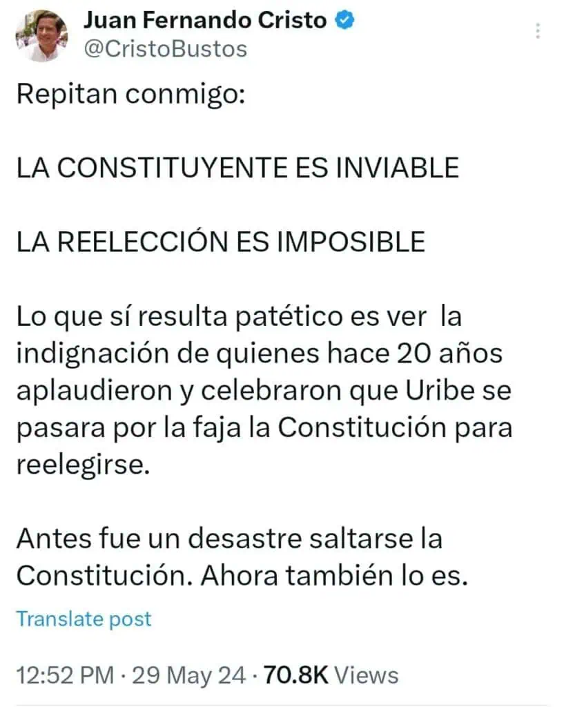 Nuevo ministro del Interior, Juan Fernando Cristo, abre la puerta a convocar Asamblea Constituyente Trino del ahora ministro del Interior sobre convocar una constituyente