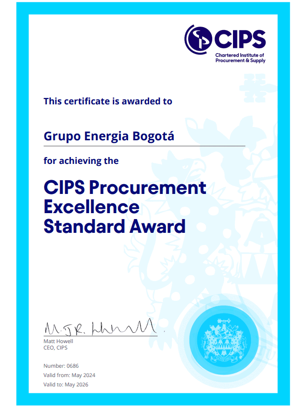 Grupo Energía Bogotá obtuvo un reconocimiento internacional por su modelo de abastecimiento Certificado Grupo Energía Bogotá