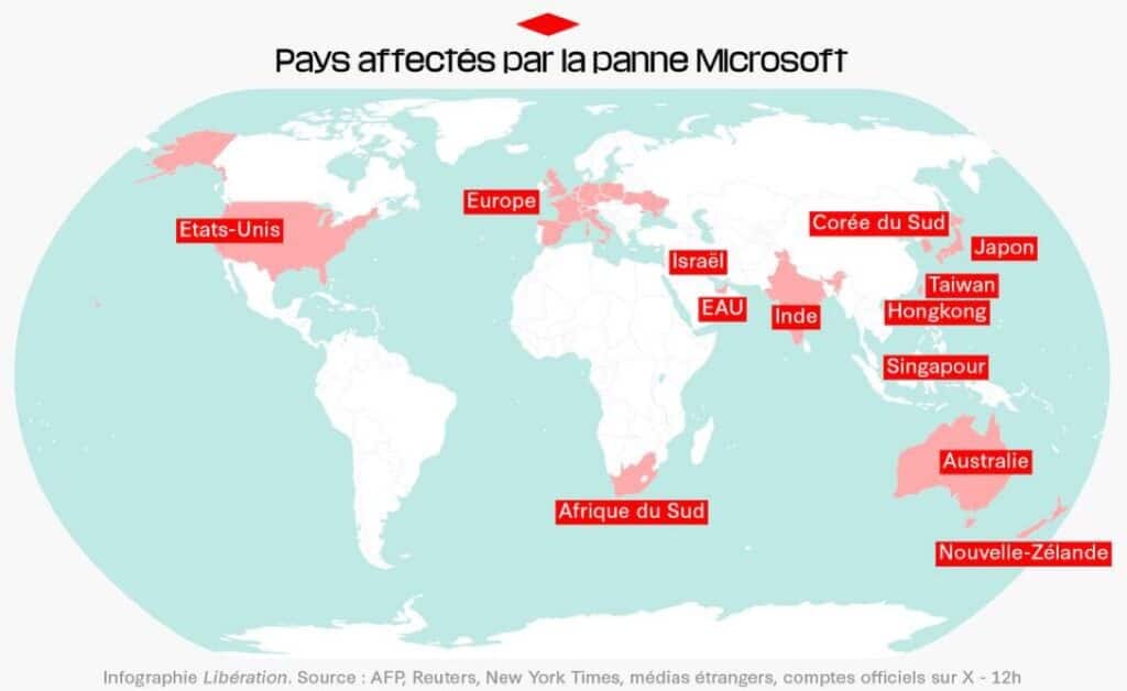 Los países afectados por el incidente de Microsoft.