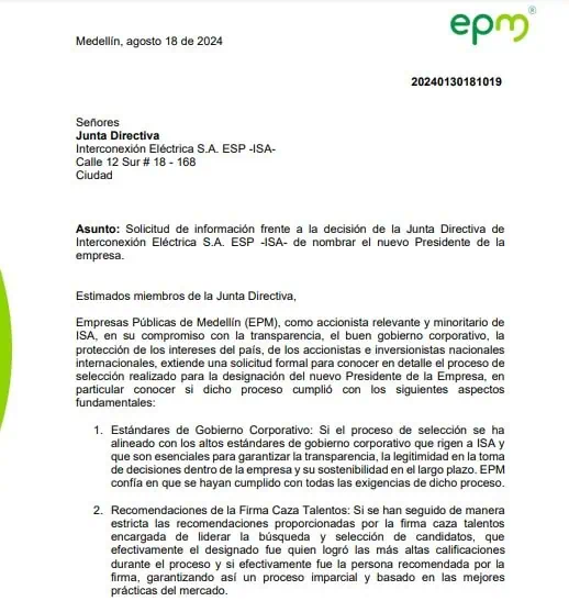 EPM pide explicaciones sobre elección del nuevo presidente de ISA Carta EPM. Foto: EPM.