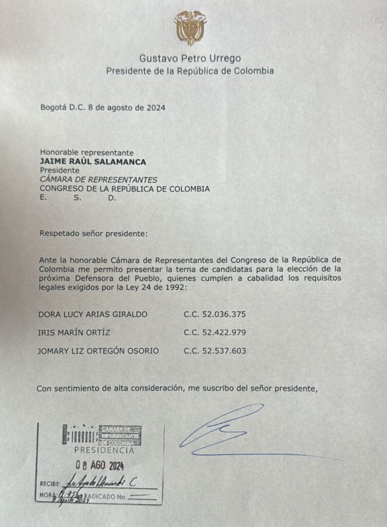 Carta del presidente Gustavo Petro sobre la terna Defensoría