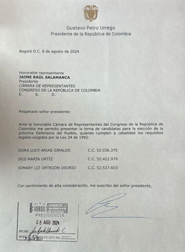Las candidatas del presidente Petro a liderar la Defensoría del Pueblo Carta del presidente Gustavo Petro sobre la terna Defensoría