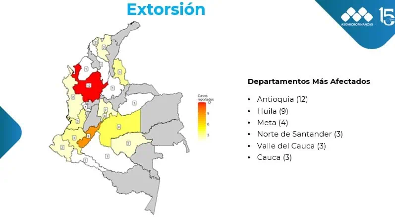 Asomicrofinanzas alerta sobre extorsiones al sistema financiero en Colombia Departamentos con mayores extorsiones. Foto: Asomicrofinanzas.