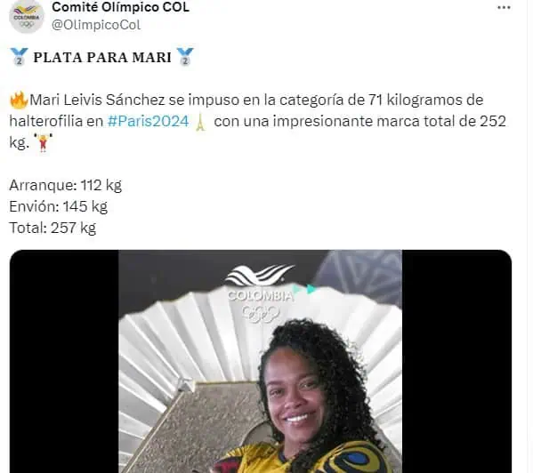 Mari Leivis Sánchez le da otra medalla de plata a Colombia en París 2024 Mari Leivis Peña levantó 257kg