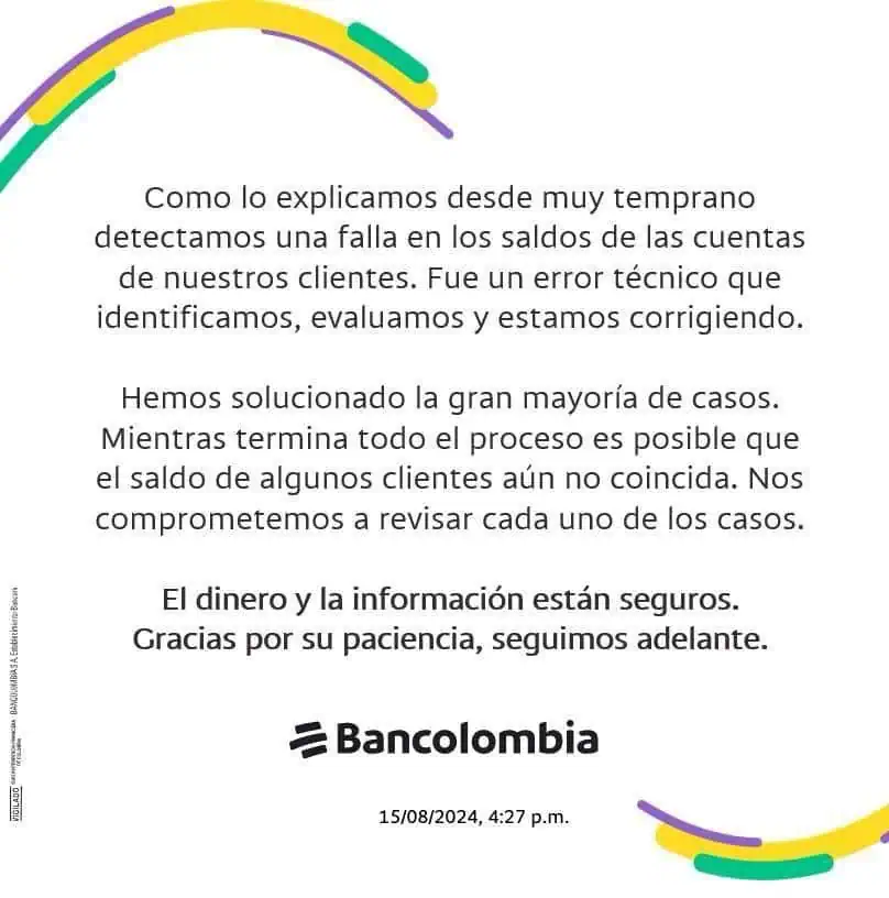 Bancolombia avanza en correcciones a saldos en cuentas de clientes: esto dijo en noche del 15 de agosto Respuesta Bancolombia 15 agosto 2024