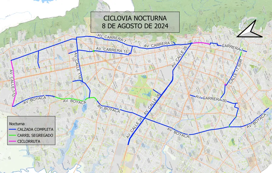 Los cierres viales y desvíos que habrá en Bogotá por la ciclovía nocturna Este es el recorrido de la ciclovía nocturna en Bogotá. Imagen: Alcaldía de Bogotá.