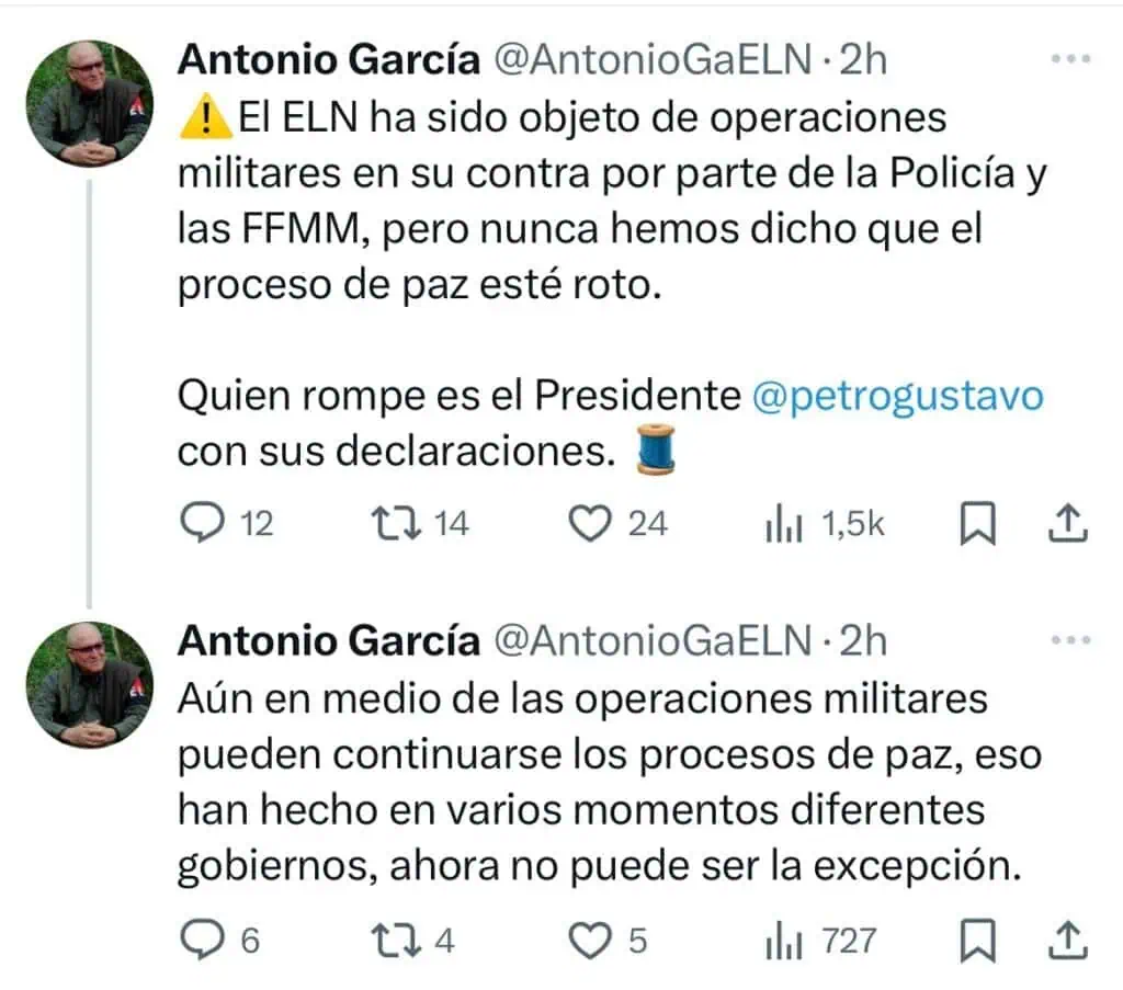 ELN culpa al presidente Petro de romper los diálogos de paz con el grupo guerrillero Declaraciones de Antonio García