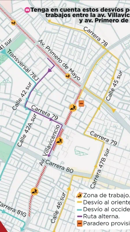 Esto son los desvíos en la Av Villavicencio por la construcción del Metro de Bogotá Desvíos por la construcción del Metro de Bogotá