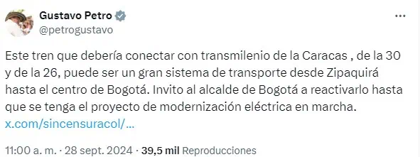 Petro propone que tren de la Sabana conecte con TransMilenio y llegue hasta el centro de Bogotá Petro habla sobre el tren de la sabana
