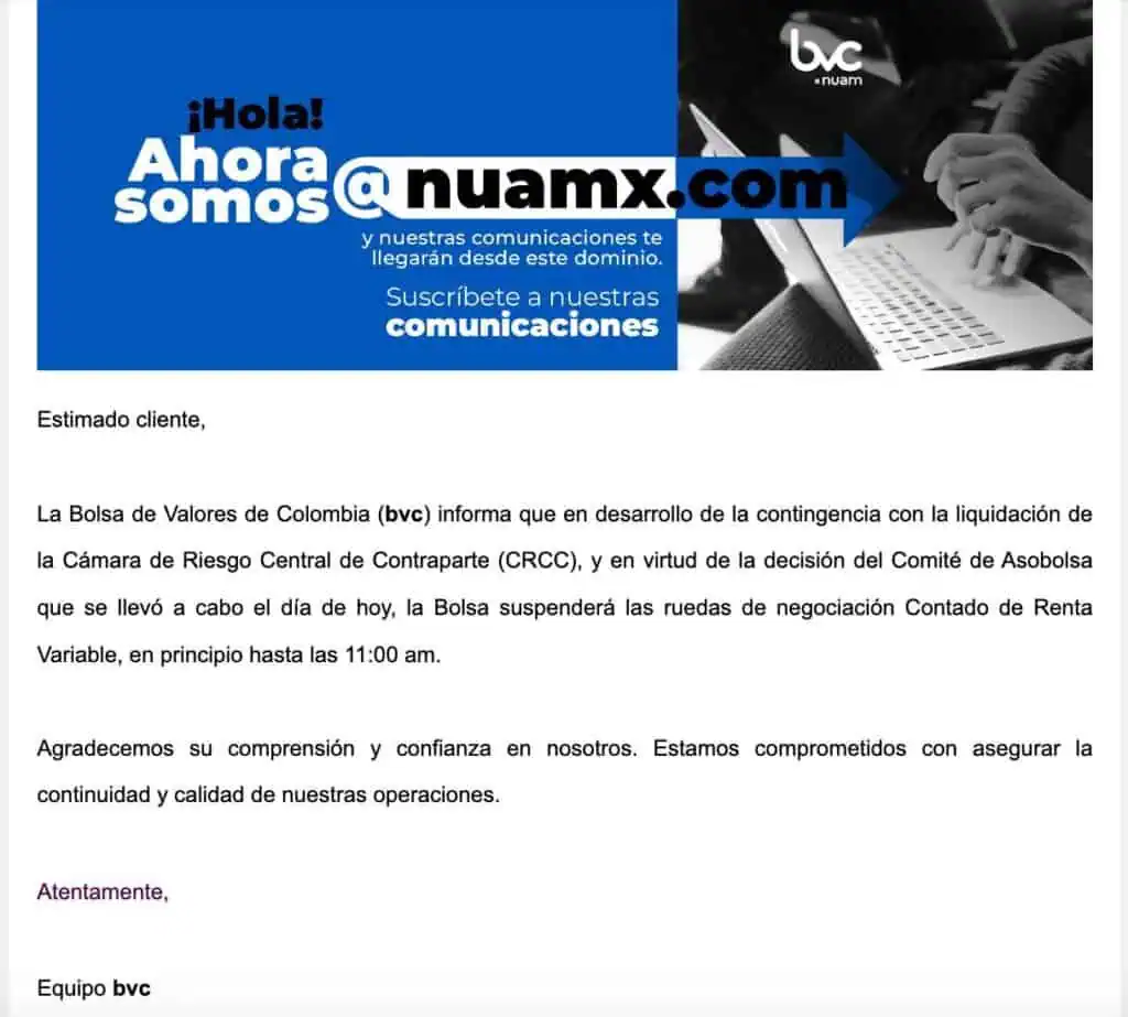 Relevante | Por intermitencia, Bolsa de Colombia retrasa apertura de operaciones este 26 de septiembre Bolsa de Valores de Colombia
