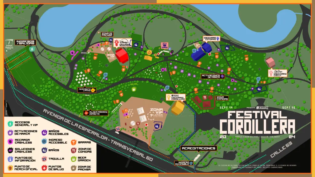 Conozca el cartel por días del Festival Cordillera 2024 en Bogotá Mapa del Festival Cordillera 2024.