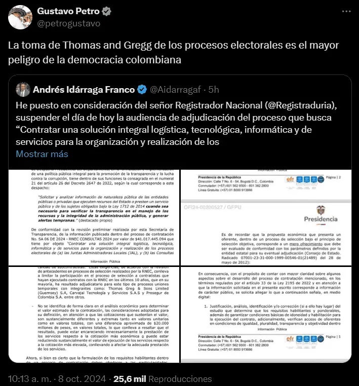 Secretaría de Transparencia pide suspender adjudicación de contrato electoral por $41.000 millones Críticas a Thomas Greg por contrato de Registraduría