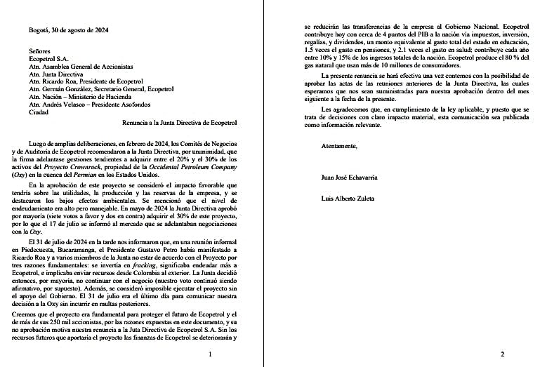 Carta de renuncia de miembros de Ecopetrol