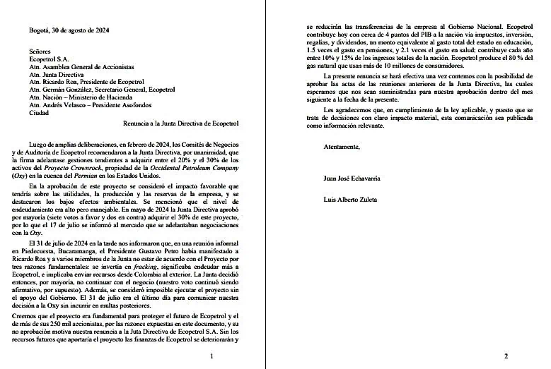Dos miembros de Junta Directiva de Ecopetrol (Echavarría y Zuleta) salen el 9 de noviembre Carta de renuncia de miembros de Ecopetrol