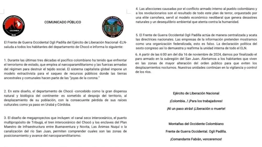 ELN levanta el paro armado que decretó en el Chocó ELN levanta el paro armado que decretó en el Chocó