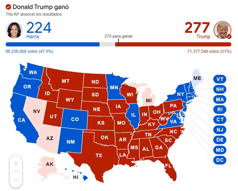 Así quedó el mapa electoral de las elecciones en Estados Unidos 2024 Mapa de elecciones presidenciales 2024 Estados Unidos