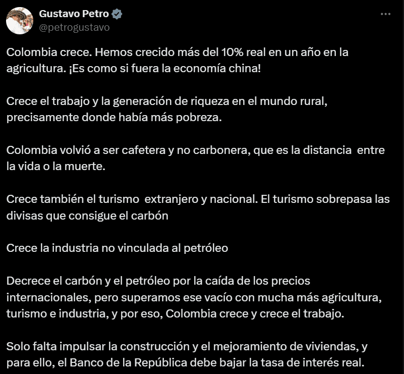 Petro celebra crecimiento del 2 % en Colombia: "Es como si fuera la economía china" Presidente Gustavo Petro sobre la economía colombiana