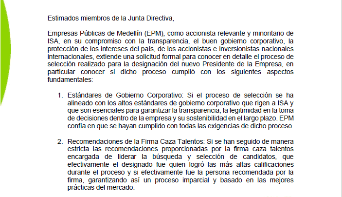Exclusiva | Las dudas que EPM y los fondos de pensiones lanzaron tras la elección de Jorge Carrillo en ISA Carta EPM a ISA por Jorge Carrillo