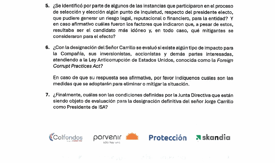 Exclusiva | Las dudas que EPM y los fondos de pensiones lanzaron tras la elección de Jorge Carrillo en ISA Carta fondos de pensiones a ISA por Jorge Carrillo