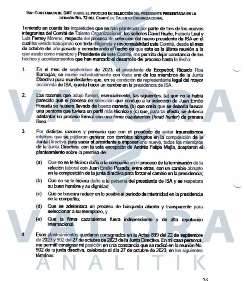 Exclusivo | Valora Analitik revela actas de la tensa Junta en la que Jorge Carrillo fue elegido presidente de ISA Carta Diego Muñoz sobre elección Jorge Carrillo en ISA