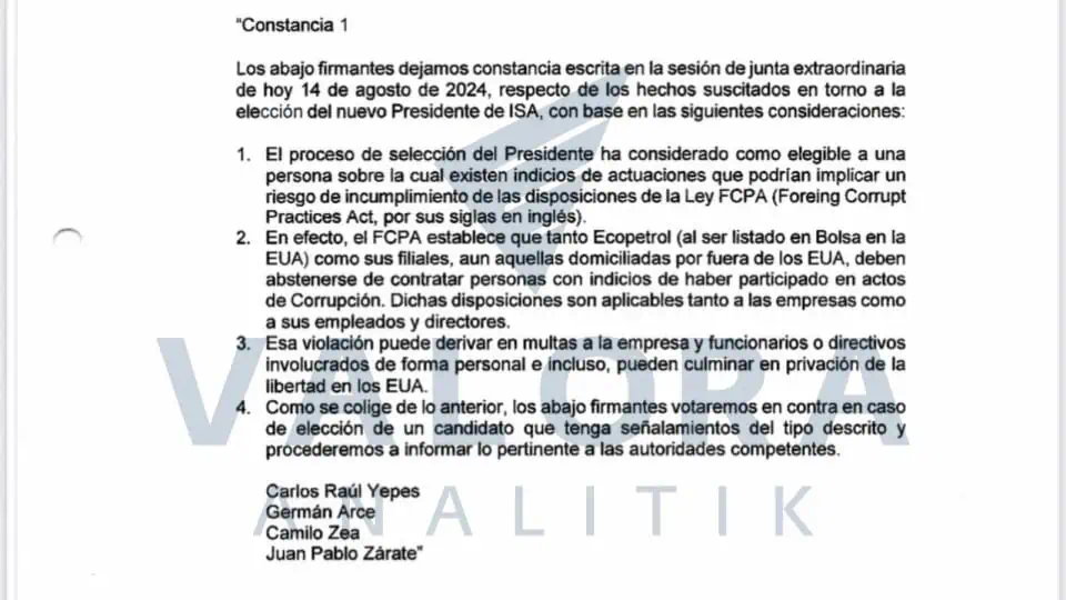 Exclusivo | Valora Analitik revela actas de la tensa Junta en la que Jorge Carrillo fue elegido presidente de ISA ISA - Constancia 1 en la Junta Directiva